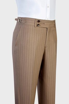 Mike Classical Camel Striped Peaked Lapel Three Pieces Business Suits