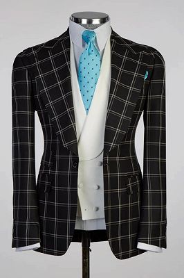 Milo Bespoke Black Plaid Peaked Lapel Business Suits With White Vest