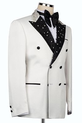Mandel Fancy White Double Breasted Prom Suits With Black Beading Lapel