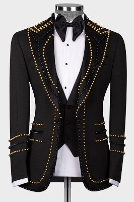 Marico Gentle Black Peaked Lapel Three Pieces Beading Prom Suits