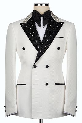 Mandel Fancy White Double Breasted Prom Suits With Black Beading Lapel