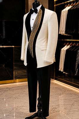 Khalid Simple White Two Pieces Prom Suits With Beading Shawl Lapel_3