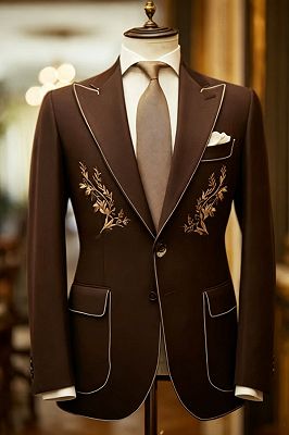 Martin Fancy Dark Brown Peaked Lapel One Button Prom Suits With Appliques