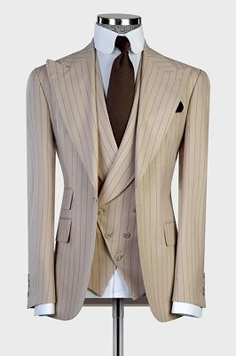 Michell Stylish Khaki Striped Peaked Lapel Three Pieces Business Suits