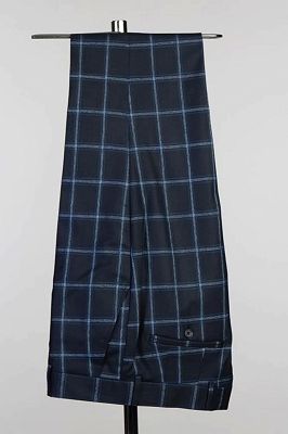 Quintion Simple Dark Navy Plaid Peaked Lapel Double Breasted Business Suits_2