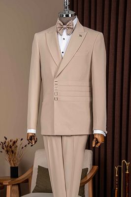 Patrick Charming Khaki Peaked Lapel Wedding Suits With Pleating