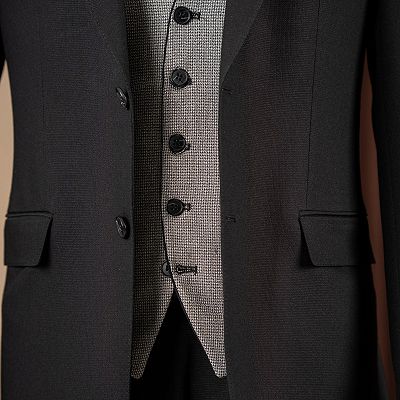 Porter Bespoke Black Peaked Lapel Three Pieces Business Suits With Plaid Vest