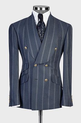 Oscar Elegant Slate Blue Striped Shawl Lapel Double Breasted Business Suits