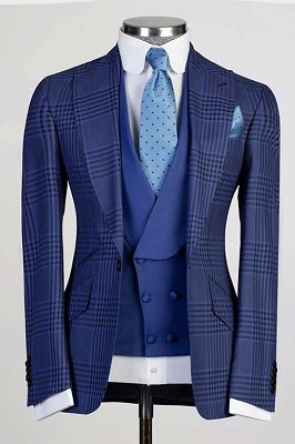 Murphy Classical Dark Blue Plaid Peaked Lapel Three Pieces Business Suits