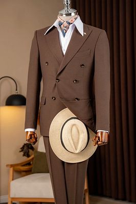 Nathan Bespoke Dark Brown Peaked Lapel Double Breasted Business Suits