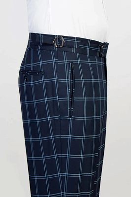 Nat Formal Dark Navy Peaked Lapel Three Pieces Plaid Business Suits_3