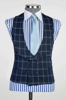 Nat Formal Dark Navy Peaked Lapel Three Pieces Plaid Business Suits_2