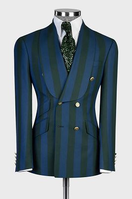 Peter Gentle Navy And Dark Green Striped Shawl Lapel Double Breasted Prom Suits