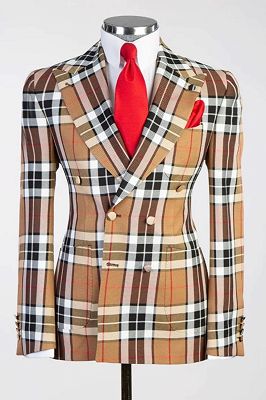 Quincy Decent Brown Plaid Peaked Lapel Double Breasted Business Suits