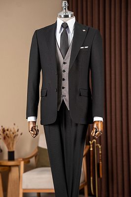 Porter Bespoke Black Peaked Lapel Three Pieces Business Suits With Plaid Vest