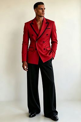 Nolan Fashion Red Peaked Lapel Double Breasted Prom Suits With Black Piping