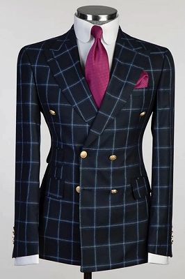 Quintion Simple Dark Navy Plaid Peaked Lapel Double Breasted Business Suits