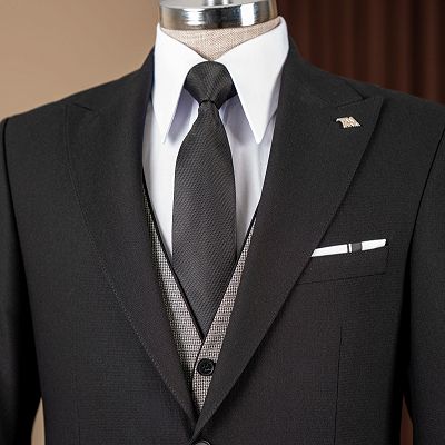 Porter Bespoke Black Peaked Lapel Three Pieces Business Suits With Plaid Vest_3
