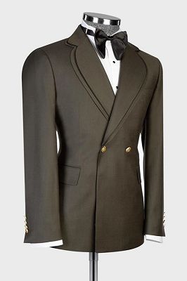 Perry Fashion Dark Olive Green Double Breasted Wedding Suits With Pining Notched Lapel