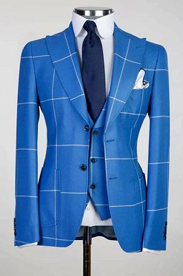 Nash Generous Royal Blue Plaid Peaked Lapel Three Pieces Business Suits