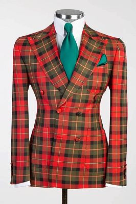 Quinn Stylish Red Plaid Peaked Lapel Double Breasted Prom Suits