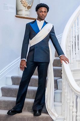 Noah Decent Navy Double Breasted Peaked Lapel Prom Suits With Long Sash