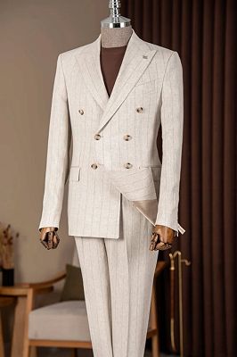 Neal Charming Beige Striped Peaked Lapel Double Breasted Line Suits