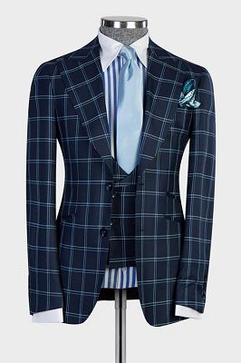 Nat Formal Dark Navy Peaked Lapel Three Pieces Plaid Business Suits