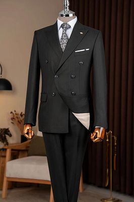 Nelson Formal Black Striped Double Breasted Peaked Lapel Business Suits