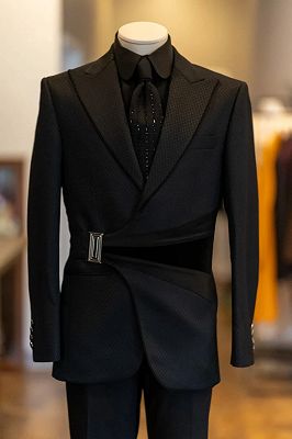 Phillips Stylish Black Plaid Peaked Lapel Prom Suits With Satin Sash