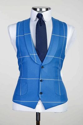 Nash Generous Royal Blue Plaid Peaked Lapel Three Pieces Business Suits_2