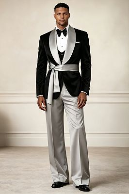 Norman Elegant Black Velvet Three Pieces Prom Suits With Satin Pants