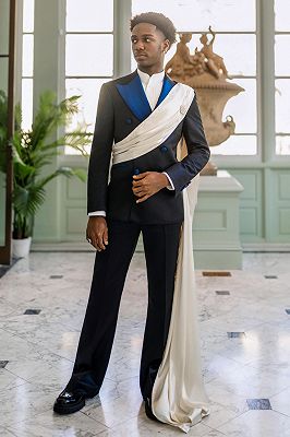 Noah Decent Navy Double Breasted Peaked Lapel Prom Suits With Long Sash_2