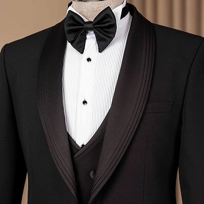 Sampson Decent Black Three Pieces Wedding Suits With Satin Shawl Lapel