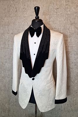 Reeves Decent White Jacquard Shawl Lapel One Button Wedding Suits