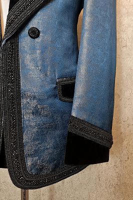Ross Generous Blue Jacquard Beading Prom Suits With Velvet Shawl Lapel