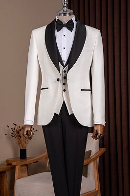 Rod Simple White Three Pieces Wedding Suits With Black Satin Lapel