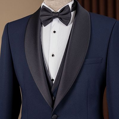 Roderick Stylish Navy Three Pieces Wedding Suits With Satin Lapel