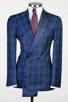 Rex Bespoke Dark Blue Plaid Peaked Lapel Double Breasted Business Suits