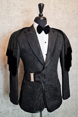 Richie Fashion Black Jacquard Peaked Lapel Prom Suits With Velvet Beading Shawl
