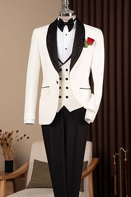 Rodney Bespoke White Three Pieces Wedding Suits With Beading Lapel
