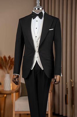Samuel Elegant Black Peaked Lapel Three Pieces Wedding Suits With White Vest