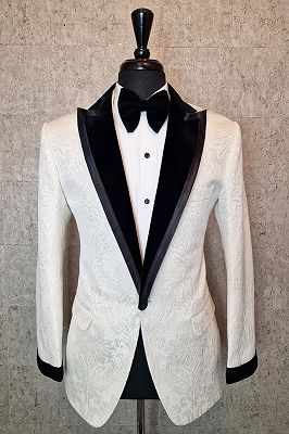 Robert Elegant White Jacquard One Button Prom Suits With Velvet Peaked Lapel