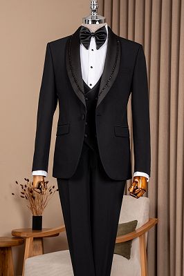 Russell Classical Black Shawl Lapel Three Pieces Wedding Suits With Beading