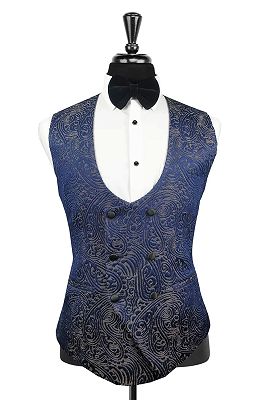 Charming Blue Paisley Jacquard Double Breasted Vest