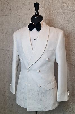 Richard Charming White Jacquard Shawl Lapel Double Breasted Wedding Suits