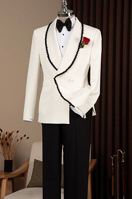 Rollins Charming White Shawl Lapel Double Breasted Wedding Suits With Trimming