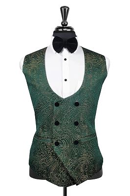 Chic Dark Green Paisley Jacquard Double Breasted Vest