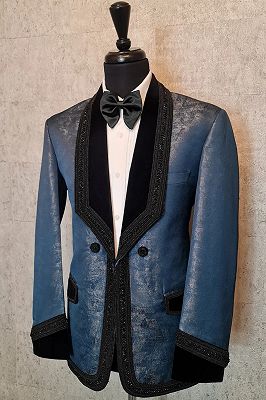 Ross Generous Blue Jacquard Beading Prom Suits With Velvet Shawl Lapel