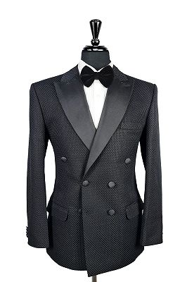 Ronald Simple Black Jacquard Peaked Lapel Double Breasted Prom Suits